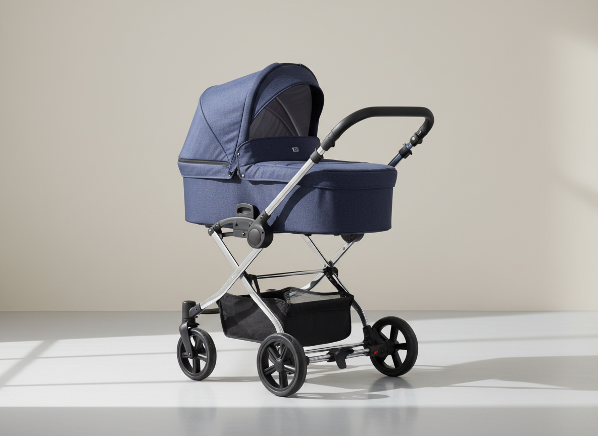 A high-end, deep-navy travel pram with a textured, stain-resistant fabric canopy and gleaming chrome frame, shown perfectly clean and freshly detailed. It stands in the center of a spotless, light-grey studio floor with subtle reflections beneath the wheels. Soft, diffused daylight from an unseen window to the left creates gentle highlights along the polished metal and crisp shadows beneath the chassis. The background is a smooth, pale backdrop that gradually fades, keeping attention on the immaculate buggy. Photographic realism, eye-level composition with a slight three-quarter angle, sharp focus throughout, clean and modern aesthetic that communicates professional pram cleaning and meticulous care for babies’ environments.